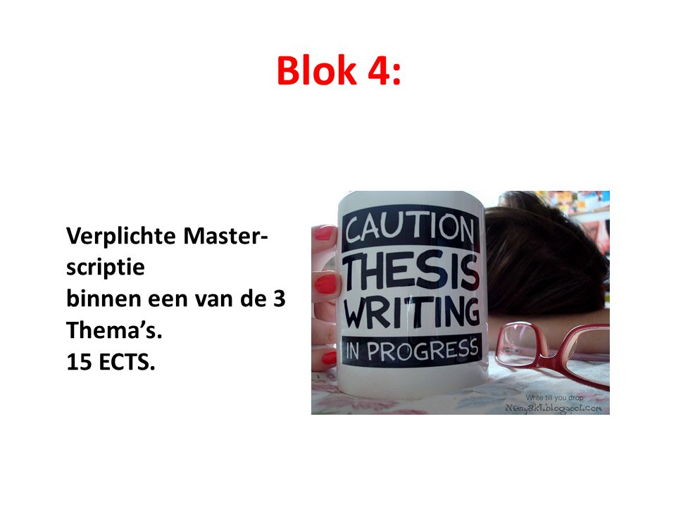 Blok 4: Verplichte Master- scriptie binnen een van de 3 Thema’s. 15 ECTS.