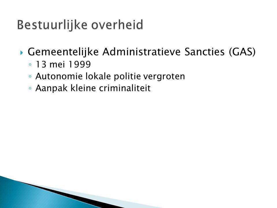  Gemeentelijke Administratieve Sancties (GAS) ◦ 13 mei 1999 ◦ Autonomie lokale politie vergroten ◦ Aanpak kleine criminaliteit