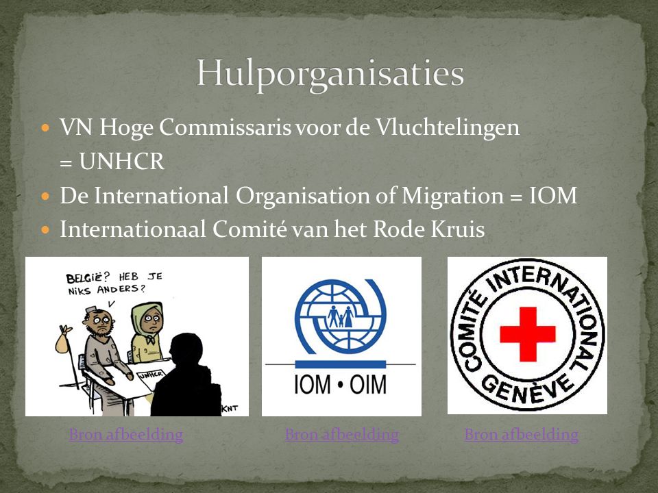 VN Hoge Commissaris voor de Vluchtelingen = UNHCR De International Organisation of Migration = IOM Internationaal Comité van het Rode Kruis Bron afbeelding