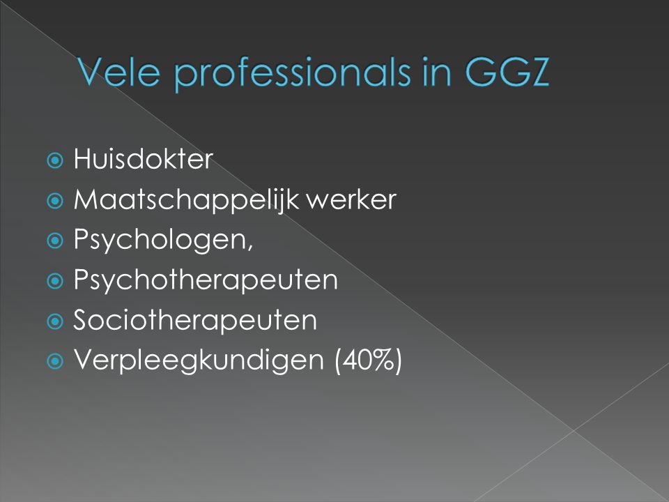  Huisdokter  Maatschappelijk werker  Psychologen,  Psychotherapeuten  Sociotherapeuten  Verpleegkundigen (40%)