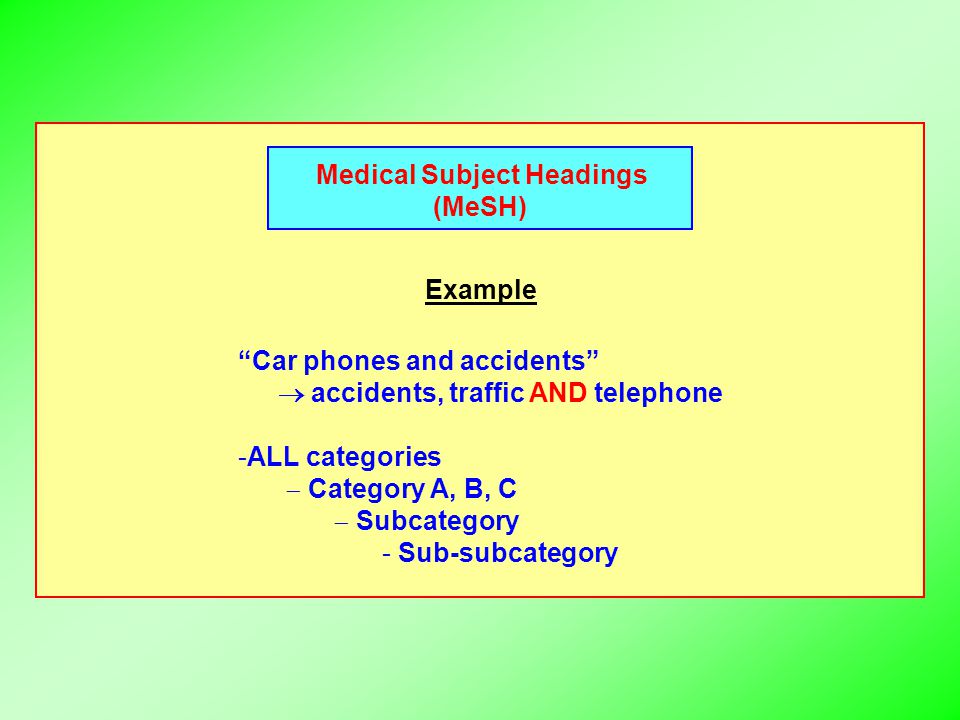 Medical Subject Headings (MeSH) Example Car phones and accidents  accidents, traffic AND telephone -ALL categories  Category A, B, C  Subcategory - Sub-subcategory