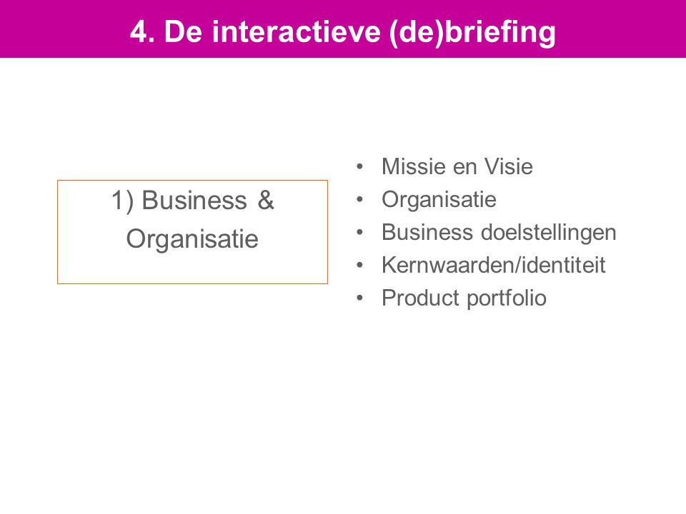 1) Business & Organisatie Missie en Visie Organisatie Business doelstellingen Kernwaarden/identiteit Product portfolio 4.