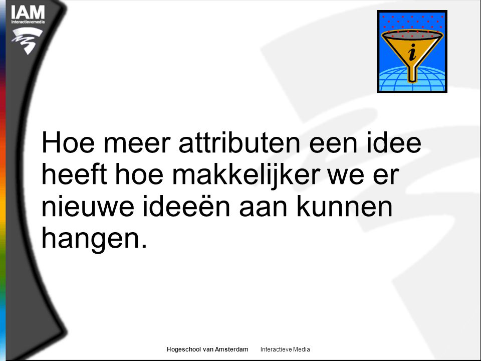 Hogeschool van Amsterdam Interactieve Media Hoe meer attributen een idee heeft hoe makkelijker we er nieuwe ideeën aan kunnen hangen.