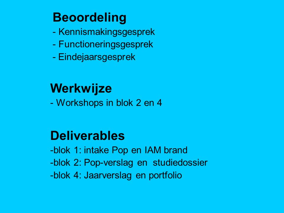 Werkwijze - Workshops in blok 2 en 4 Beoordeling - Kennismakingsgesprek - Functioneringsgesprek - Eindejaarsgesprek Deliverables -blok 1: intake Pop en IAM brand -blok 2: Pop-verslag en studiedossier -blok 4: Jaarverslag en portfolio