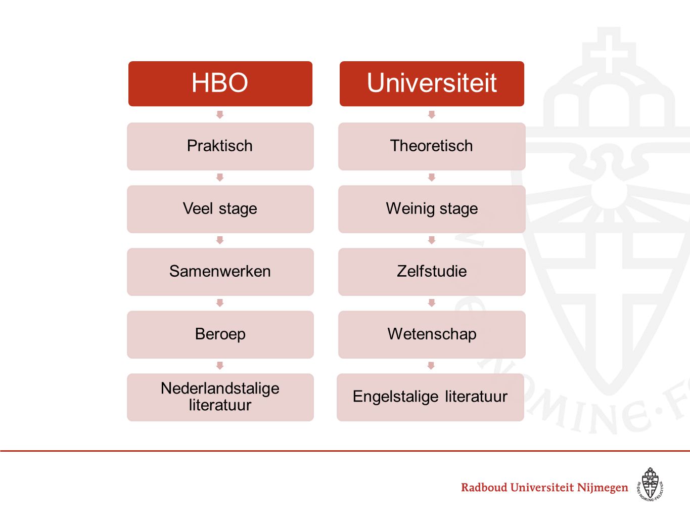 HBO PraktischVeel stageSamenwerkenBeroep Nederlandstalige literatuur Universiteit TheoretischWeinig stageZelfstudieWetenschapEngelstalige literatuur