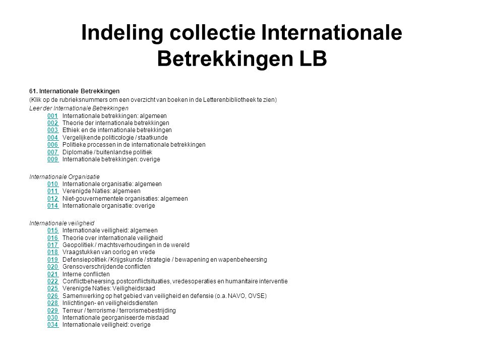 Indeling collectie Internationale Betrekkingen LB 61.