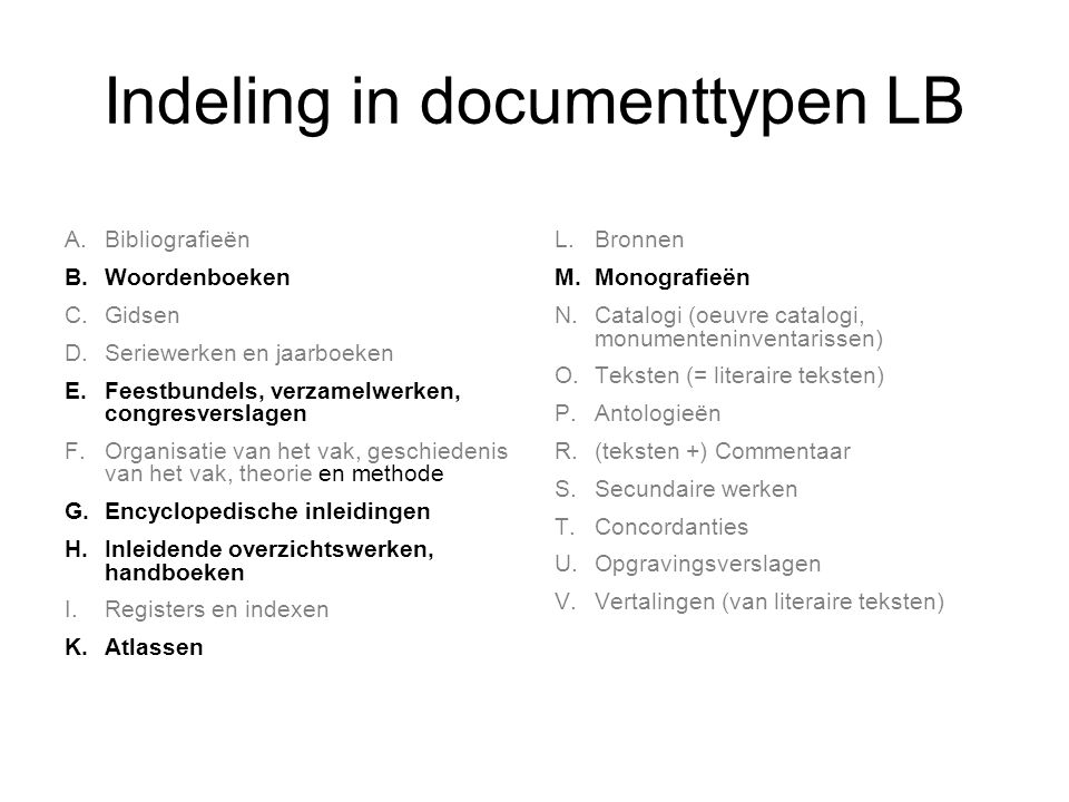 Indeling in documenttypen LB A.Bibliografieën B. Woordenboeken C.