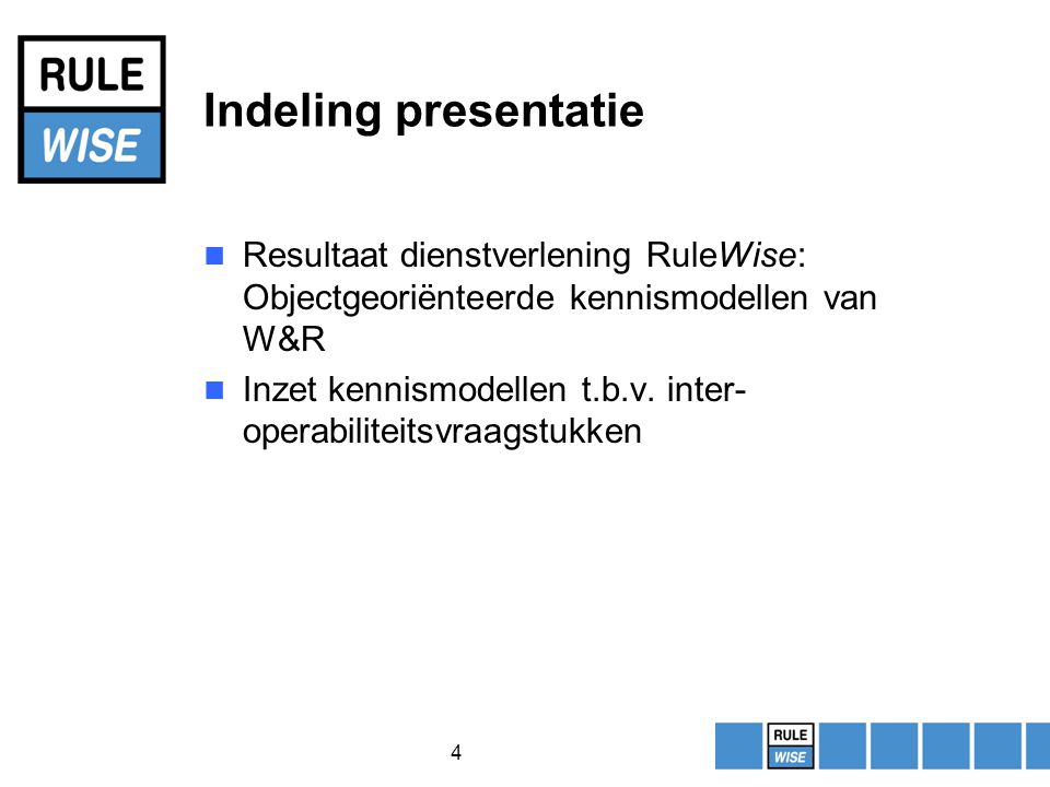4 Indeling presentatie Resultaat dienstverlening RuleWise: Objectgeoriënteerde kennismodellen van W&R Inzet kennismodellen t.b.v.
