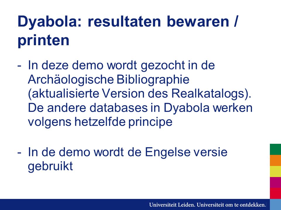 Dyabola: resultaten bewaren / printen -In deze demo wordt gezocht in de Archäologische Bibliographie (aktualisierte Version des Realkatalogs).