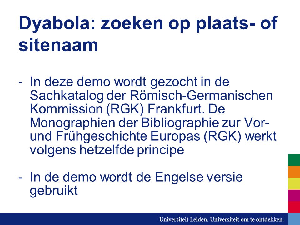 Dyabola: zoeken op plaats- of sitenaam -In deze demo wordt gezocht in de Sachkatalog der Römisch-Germanischen Kommission (RGK) Frankfurt.