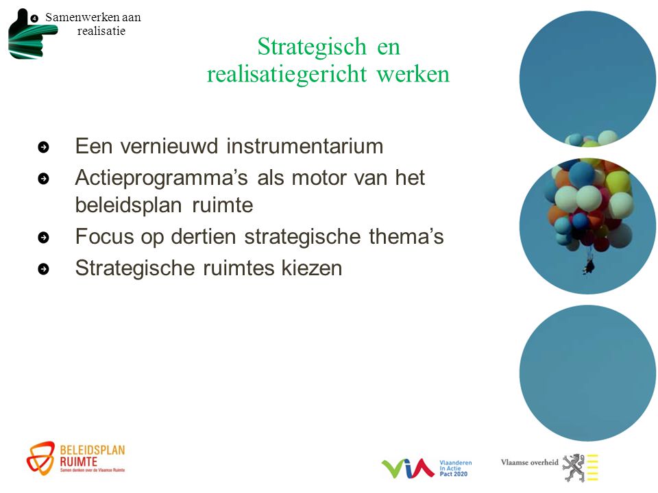 Strategisch en realisatiegericht werken Een vernieuwd instrumentarium Actieprogramma’s als motor van het beleidsplan ruimte Focus op dertien strategische thema’s Strategische ruimtes kiezen Samenwerken aan realisatie
