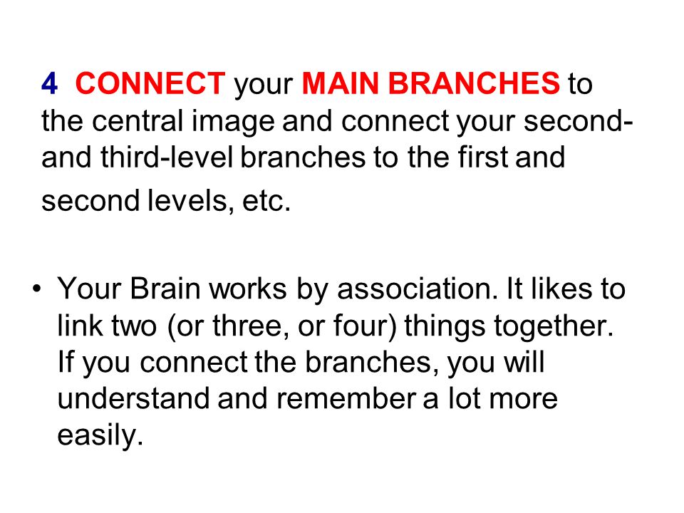 4 CONNECT your MAIN BRANCHES to the central image and connect your second- and third-level branches to the first and second levels, etc.