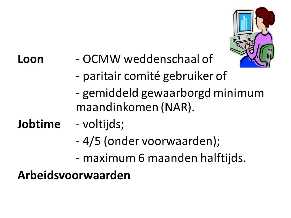 Loon - OCMW weddenschaal of - paritair comité gebruiker of - gemiddeld gewaarborgd minimum maandinkomen (NAR).