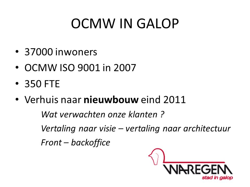 OCMW IN GALOP inwoners OCMW ISO 9001 in FTE Verhuis naar nieuwbouw eind 2011 Wat verwachten onze klanten .