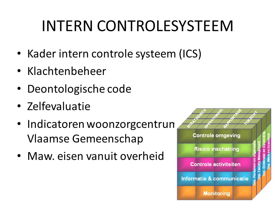 INTERN CONTROLESYSTEEM Kader intern controle systeem (ICS) Klachtenbeheer Deontologische code Zelfevaluatie Indicatoren woonzorgcentrum Vlaamse Gemeenschap Maw.