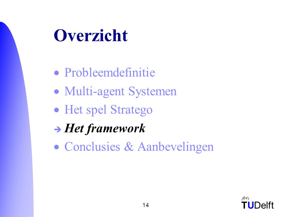 TUDelft 14 Overzicht  Probleemdefinitie  Multi-agent Systemen  Het spel Stratego  Het framework  Conclusies & Aanbevelingen