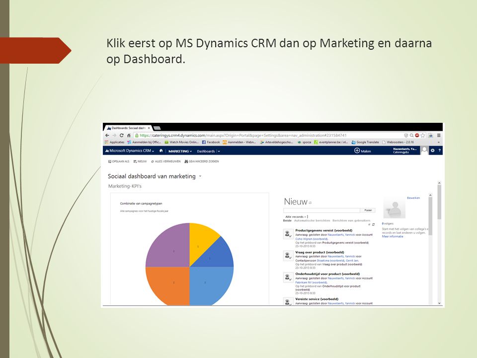 Klik eerst op MS Dynamics CRM dan op Marketing en daarna op Dashboard.