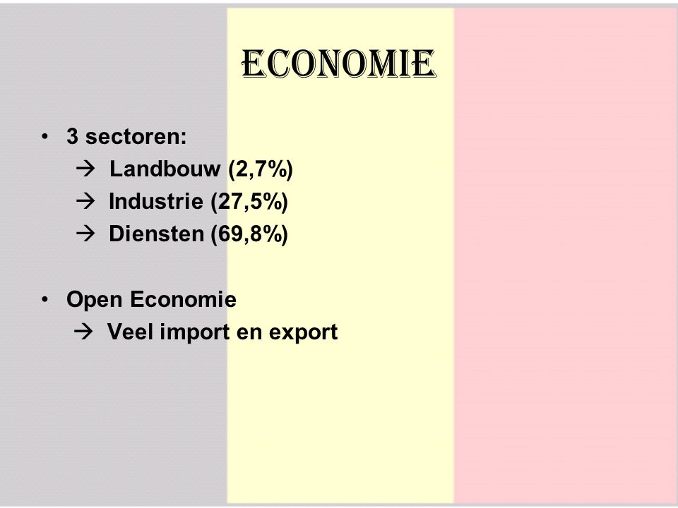 Economie 3 sectoren:  Landbouw (2,7%)  Industrie (27,5%)  Diensten (69,8%) Open Economie  Veel import en export
