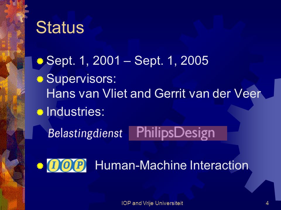 IOP and Vrije Universiteit4 Status  Sept. 1, 2001 – Sept.