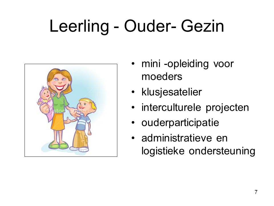 7 Leerling - Ouder- Gezin mini -opleiding voor moeders klusjesatelier interculturele projecten ouderparticipatie administratieve en logistieke ondersteuning