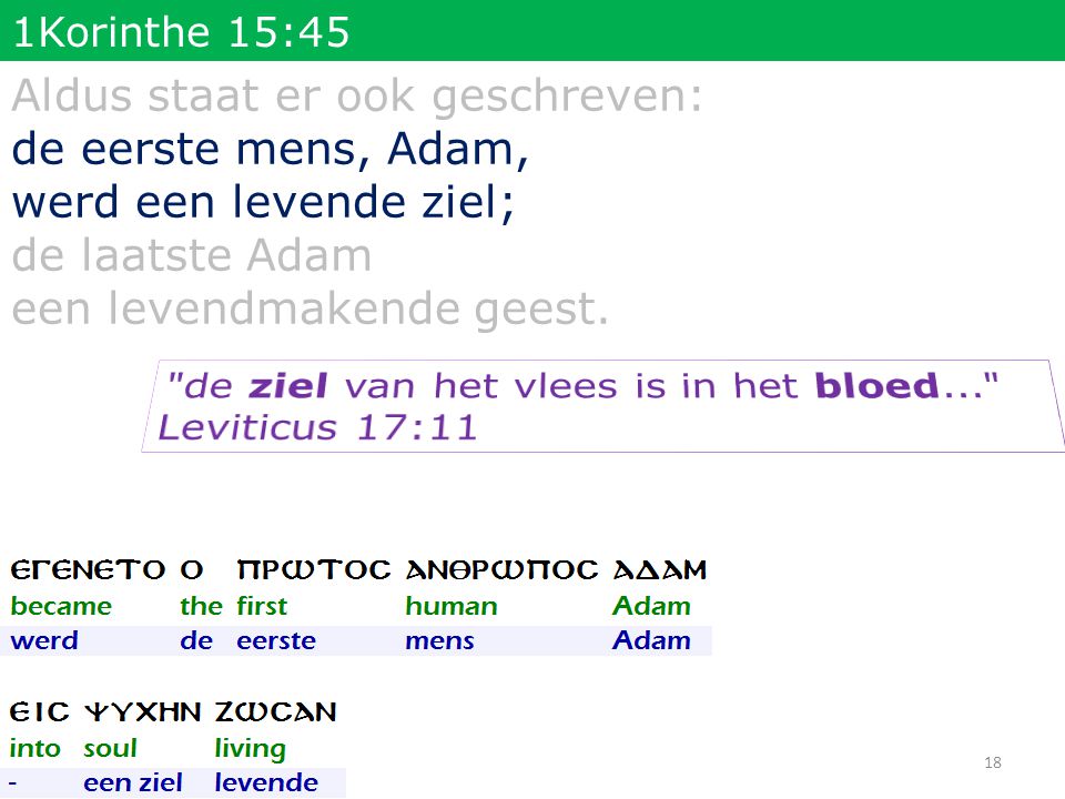 1Korinthe 15:45 Aldus staat er ook geschreven: de eerste mens, Adam, werd een levende ziel; de laatste Adam een levendmakende geest.