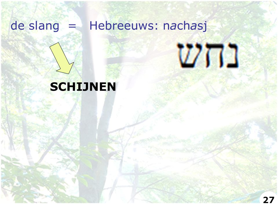 de slang = Hebreeuws: nachasj SCHIJNEN 27