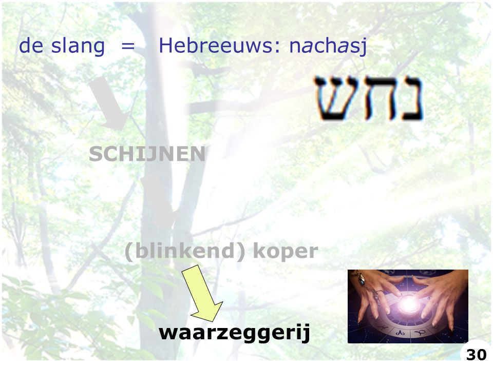 de slang = Hebreeuws: nachasj SCHIJNEN (blinkend) koper waarzeggerij 30