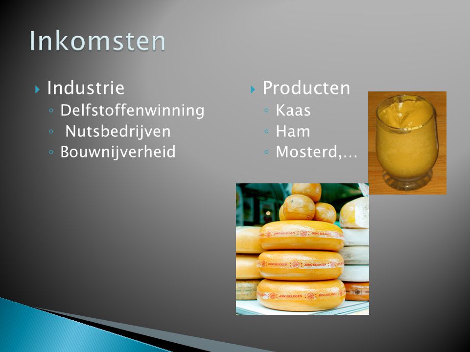  Industrie ◦ Delfstoffenwinning ◦ Nutsbedrijven ◦ Bouwnijverheid  Producten ◦ Kaas ◦ Ham ◦ Mosterd,…