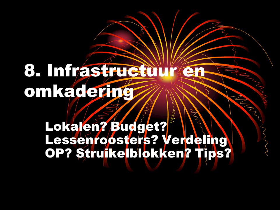 8. Infrastructuur en omkadering Lokalen. Budget.