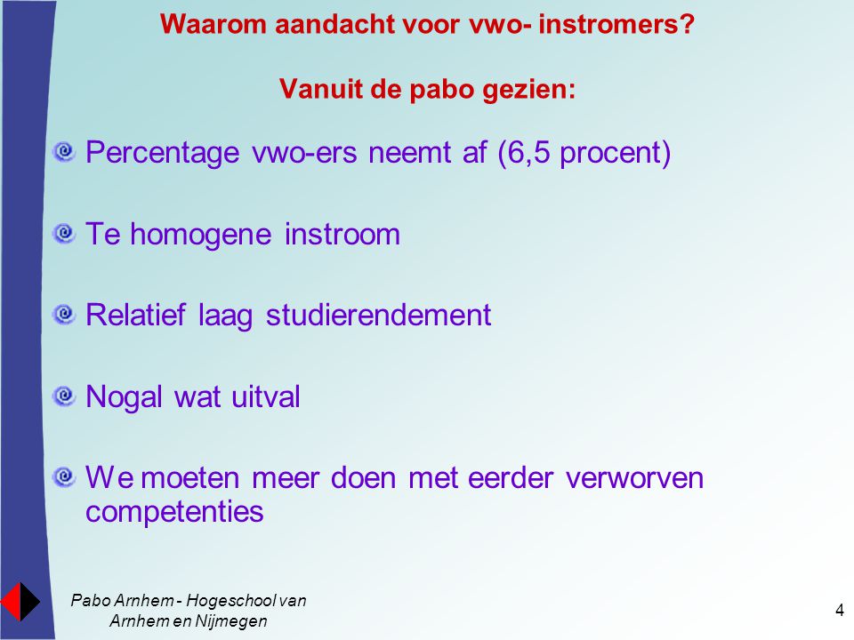 Pabo Arnhem - Hogeschool van Arnhem en Nijmegen 4 Waarom aandacht voor vwo- instromers.