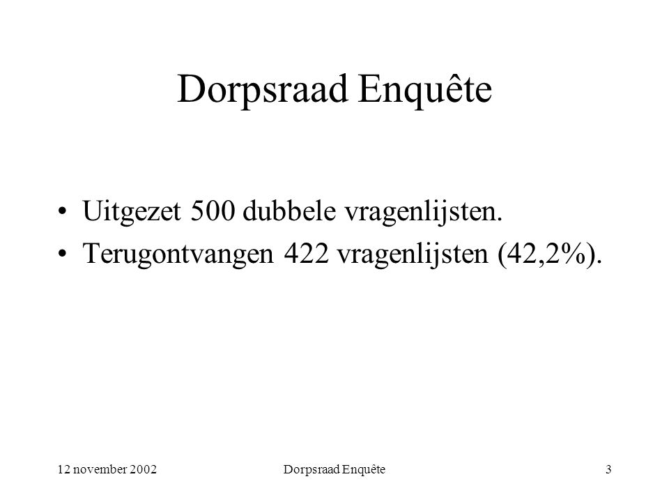 12 november 2002Dorpsraad Enquête3 Uitgezet 500 dubbele vragenlijsten.