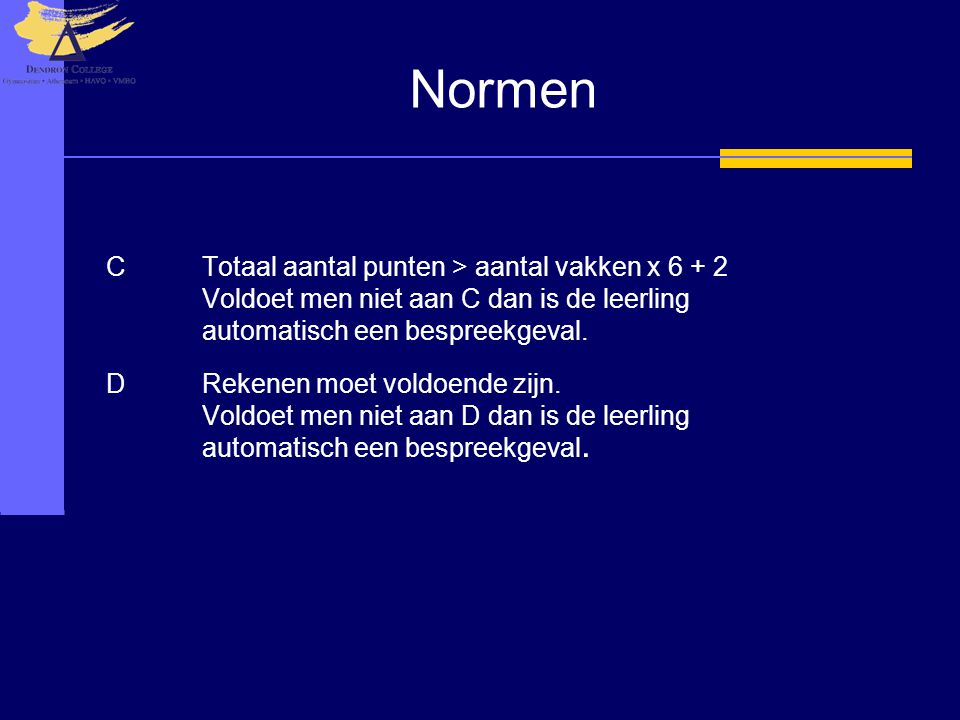 Normen CTotaal aantal punten > aantal vakken x Voldoet men niet aan C dan is de leerling automatisch een bespreekgeval.