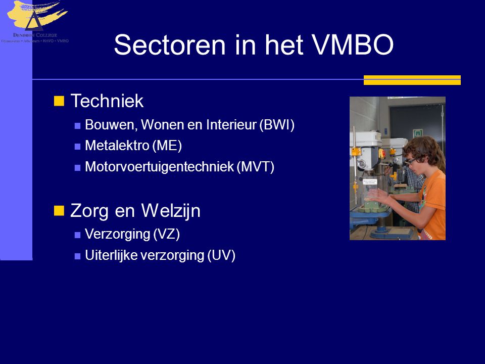 Sectoren in het VMBO Techniek Bouwen, Wonen en Interieur (BWI) Metalektro (ME) Motorvoertuigentechniek (MVT) Zorg en Welzijn Verzorging (VZ) Uiterlijke verzorging (UV)