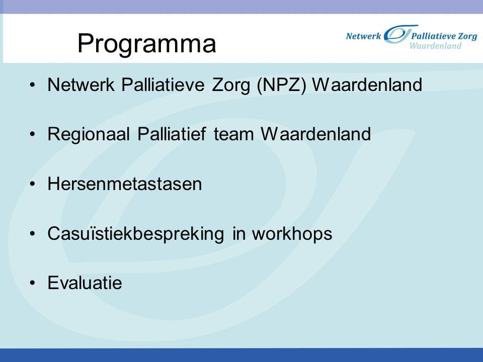 Programma Netwerk Palliatieve Zorg (NPZ) Waardenland Regionaal Palliatief team Waardenland Hersenmetastasen Casuïstiekbespreking in workhops Evaluatie