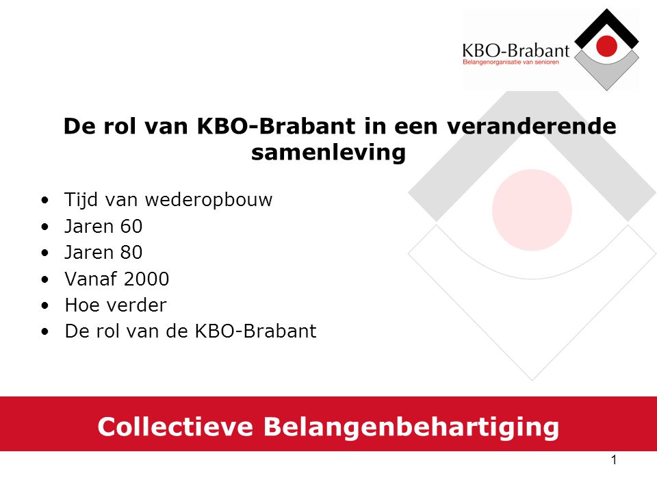 1 Collectieve Belangenbehartiging De rol van KBO-Brabant in een veranderende samenleving Tijd van wederopbouw Jaren 60 Jaren 80 Vanaf 2000 Hoe verder De rol van de KBO-Brabant