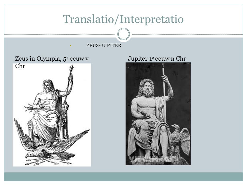 Translatio/Interpretatio ZEUS-JUPITER Zeus in Olympia, 5 e eeuw v Chr Jupiter 1 e eeuw n Chr