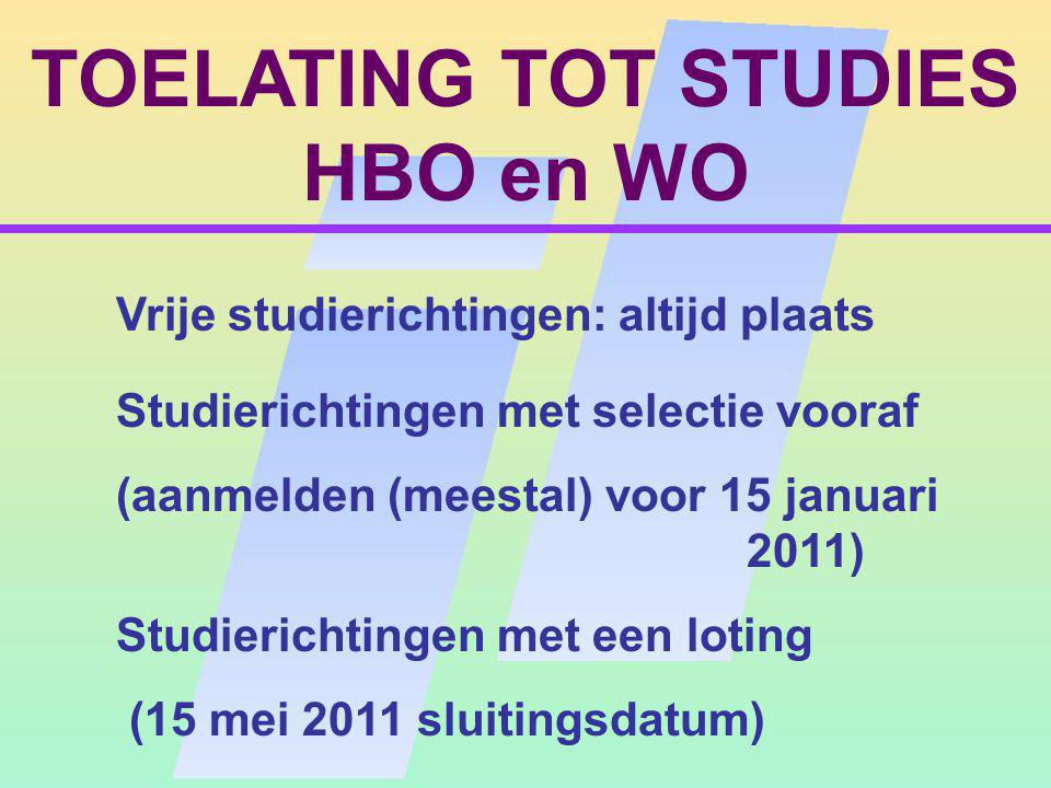 TOELATING TOT STUDIES HBO en WO Studierichtingen met selectie vooraf (aanmelden (meestal) voor 15 januari 2011) Vrije studierichtingen: altijd plaats Studierichtingen met een loting (15 mei 2011 sluitingsdatum)