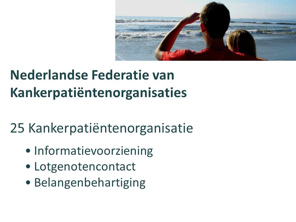 Nederlandse Federatie van Kankerpatiëntenorganisaties 25 Kankerpatiëntenorganisatie Informatievoorziening Lotgenotencontact Belangenbehartiging
