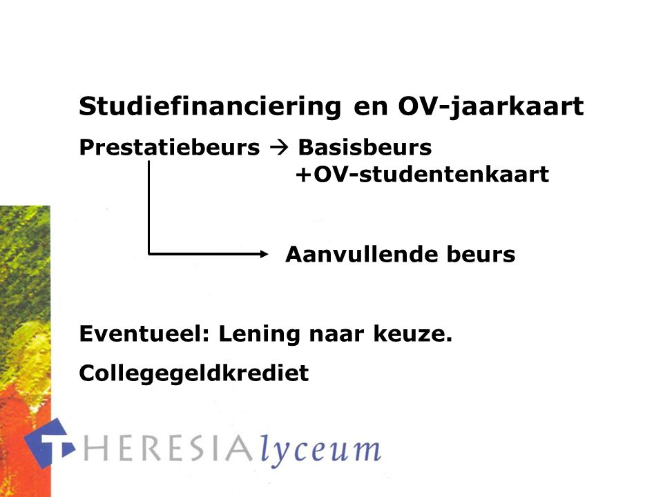 Studiefinanciering en OV-jaarkaart Prestatiebeurs  Basisbeurs +OV-studentenkaart Aanvullende beurs Eventueel: Lening naar keuze.