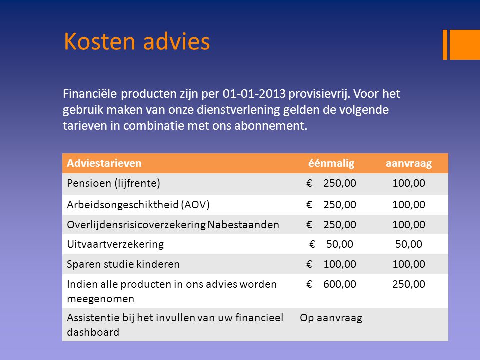 Kosten advies Financiële producten zijn per provisievrij.