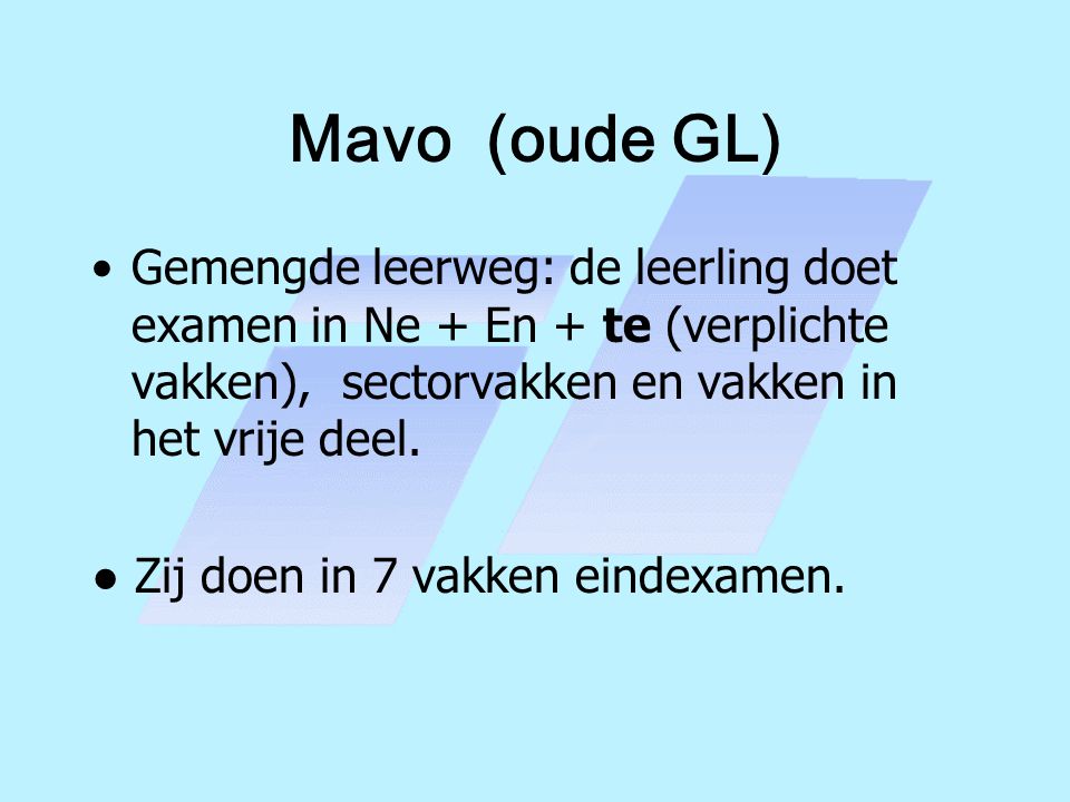 Mavo (oude GL) Gemengde leerweg: de leerling doet examen in Ne + En + te (verplichte vakken), sectorvakken en vakken in het vrije deel.