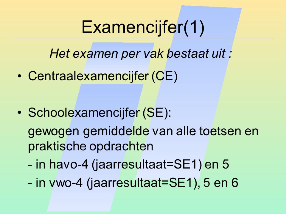 Examencijfer(1) Centraalexamencijfer (CE) Schoolexamencijfer (SE): gewogen gemiddelde van alle toetsen en praktische opdrachten - in havo-4 (jaarresultaat=SE1) en 5 - in vwo-4 (jaarresultaat=SE1), 5 en 6 Het examen per vak bestaat uit :