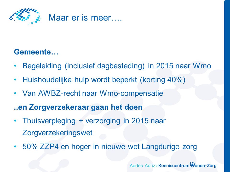 Gemeente… Begeleiding (inclusief dagbesteding) in 2015 naar Wmo Huishoudelijke hulp wordt beperkt (korting 40%) Van AWBZ-recht naar Wmo-compensatie..en Zorgverzekeraar gaan het doen Thuisverpleging + verzorging in 2015 naar Zorgverzekeringswet 50% ZZP4 en hoger in nieuwe wet Langdurige zorg 10 Maar er is meer….