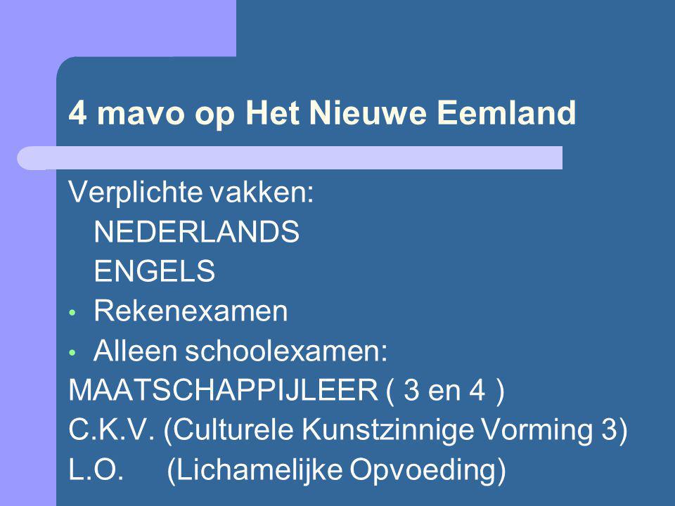 4 mavo op Het Nieuwe Eemland Verplichte vakken: NEDERLANDS ENGELS Rekenexamen Alleen schoolexamen: MAATSCHAPPIJLEER ( 3 en 4 ) C.K.V.