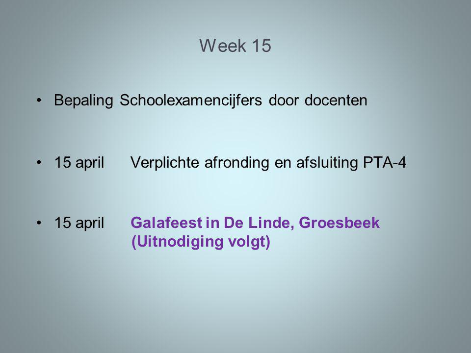 Week 15 Bepaling Schoolexamencijfers door docenten 15 aprilVerplichte afronding en afsluiting PTA-4 15 april Galafeest in De Linde, Groesbeek (Uitnodiging volgt)