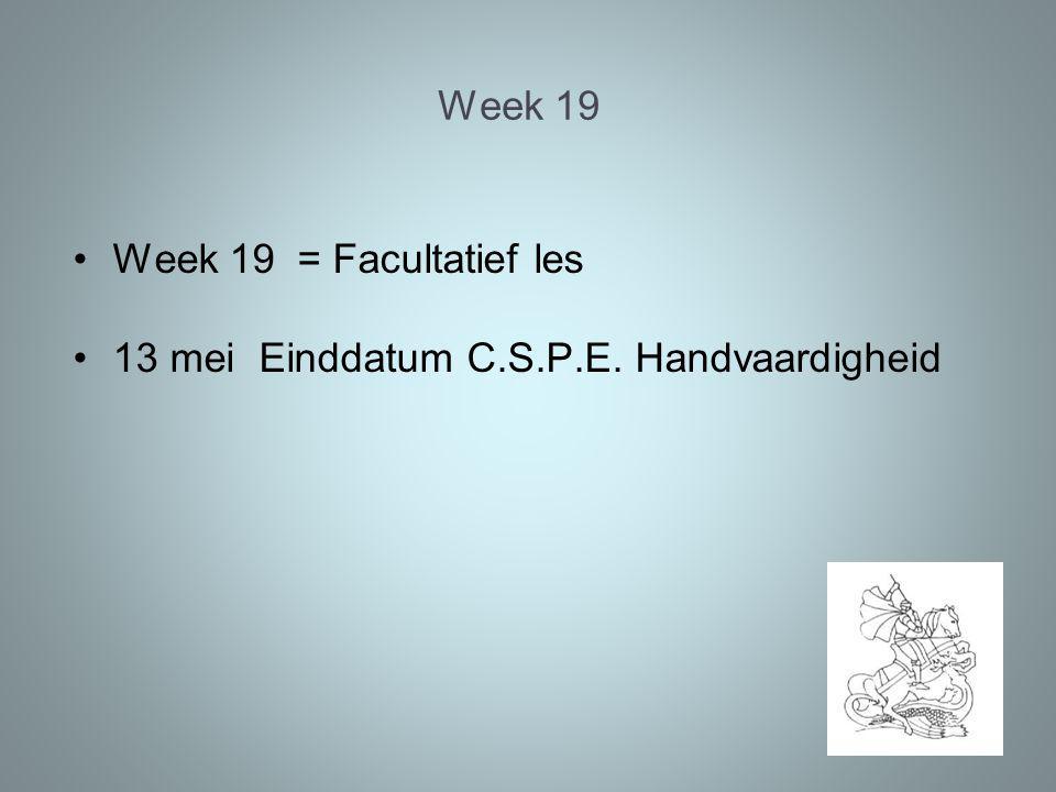 Week 19 Week 19 = Facultatief les 13 mei Einddatum C.S.P.E. Handvaardigheid