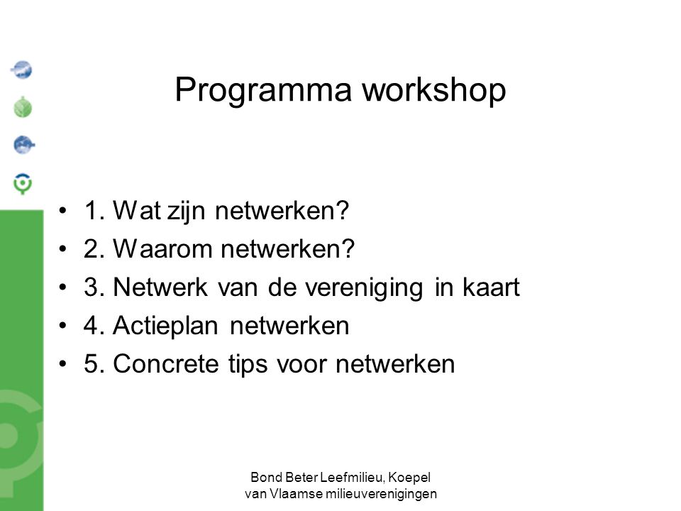 Bond Beter Leefmilieu, Koepel van Vlaamse milieuverenigingen Programma workshop 1.