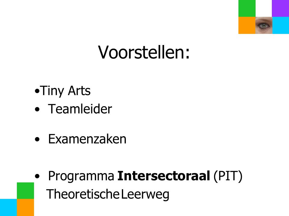 Voorstellen: Tiny Arts Teamleider Examenzaken Programma Intersectoraal (PIT) TheoretischeLeerweg Welkom in (stam)lokaal mentor