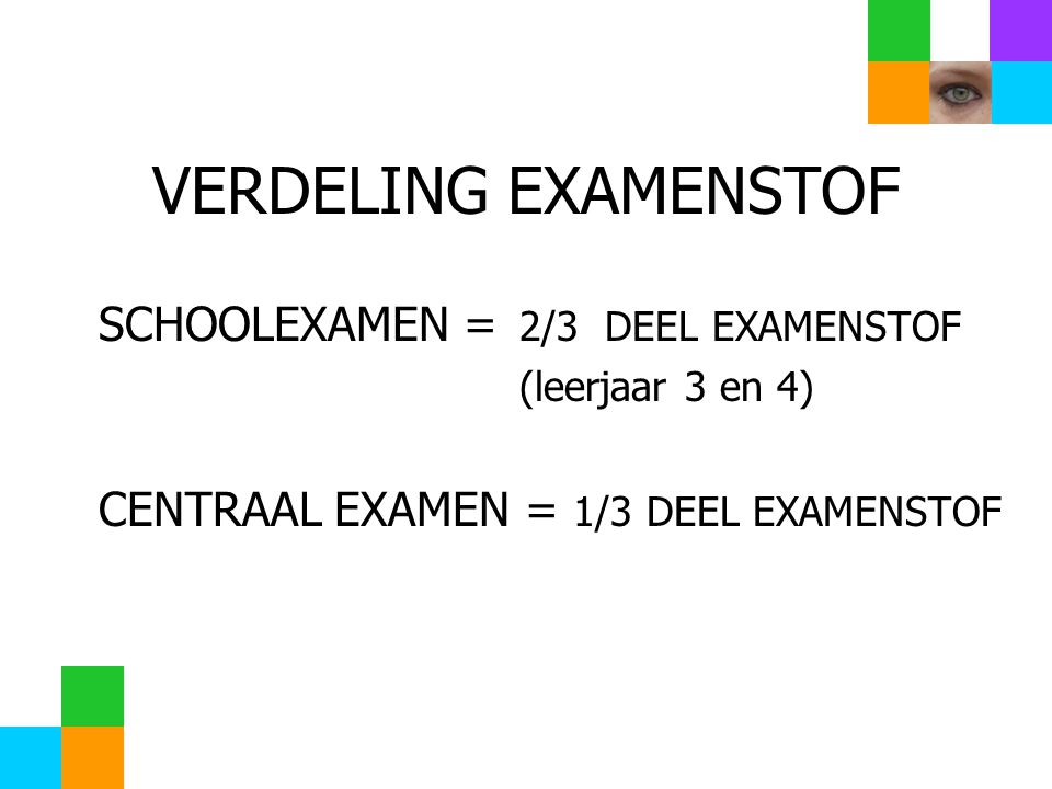 VERDELING EXAMENSTOF SCHOOLEXAMEN = 2/3 DEEL EXAMENSTOF (leerjaar 3 en 4) CENTRAAL EXAMEN = 1/3 DEEL EXAMENSTOF