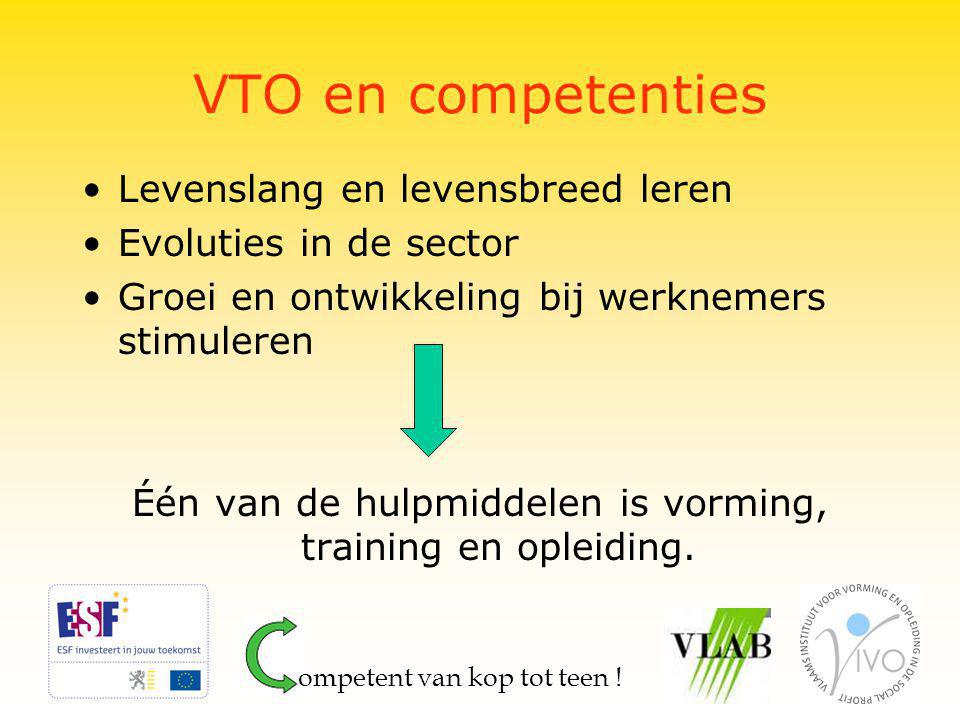 VTO en competenties Levenslang en levensbreed leren Evoluties in de sector Groei en ontwikkeling bij werknemers stimuleren Één van de hulpmiddelen is vorming, training en opleiding.